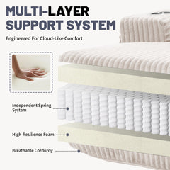 66 Inch Chaise Lounge Chair for Indoor Use, Oversized Corduroy Upholstered Boneless Sofa Bed, Deep Seat Sleeper Couch, No Assembly Required,800lb Support white