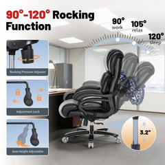 Big and Tall Office Chair, PU Leather Executive Chair, 800 lbs 8-Hour Heavy-Duty Design with Adjustable Lumbar Support, Suitable for Shag Carpets Black