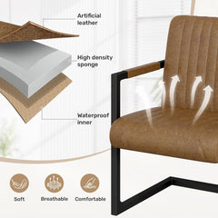 Modern Leather Dining Chairs Set of 2,Brown Upholstered Dining Room Chair with Metal Legs Kitchen Chairs with Faux Leather Padded Seat for Living Room