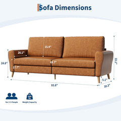 84 Inch Modern Sofa Couch, Large 3-Seater Sofa with Streamlined Armrests, PU Leather Loveseat Wood Feet, Comfy Couch for Living Room, Apartment, Lounge, Brown