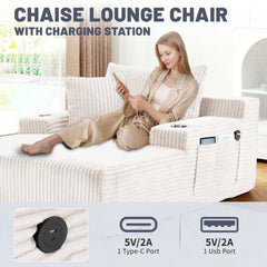 66 Inch Chaise Lounge Chair for Indoor Use, Oversized Corduroy Upholstered Boneless Sofa Bed, Deep Seat Sleeper Couch, No Assembly Required,800lb Support white