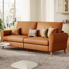 84 Inch Modern Sofa Couch, Large 3-Seater Sofa with Streamlined Armrests, PU Leather Loveseat Wood Feet, Comfy Couch for Living Room, Apartment, Lounge, Brown