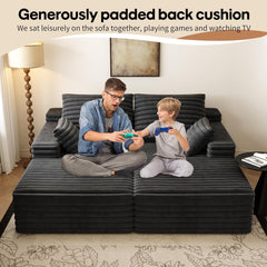 80” Oversized Double Lounge Chaise,Cloud Plush Sofa Bed,Upholstered Boneless Cloud Sofa Deep Seat,No Assembly Required,Modern Corduroy Sleeper Loveseat Chair for Living Room Bedroom Reading,Black
