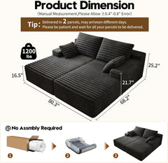 80” Oversized Double Lounge Chaise,Cloud Plush Sofa Bed,Upholstered Boneless Cloud Sofa Deep Seat,No Assembly Required,Modern Corduroy Sleeper Loveseat Chair for Living Room Bedroom Reading,Black