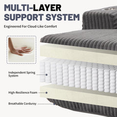 66 Inch Chaise Lounge Chair for Indoor Use, Oversized Corduroy Upholstered Boneless Sofa Bed, Deep Seat Sleeper Couch, No Assembly Required,800lb Support gray