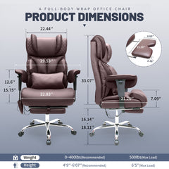 Big & Tall 500LBS Massage Executive Office Chair, Ergonomic Desk Chair with 6-Point Vibration & Footrest, Heavy-Duty Reclining Computer Chair, Breathable Synthetic Leather, Easy Assembly Brown