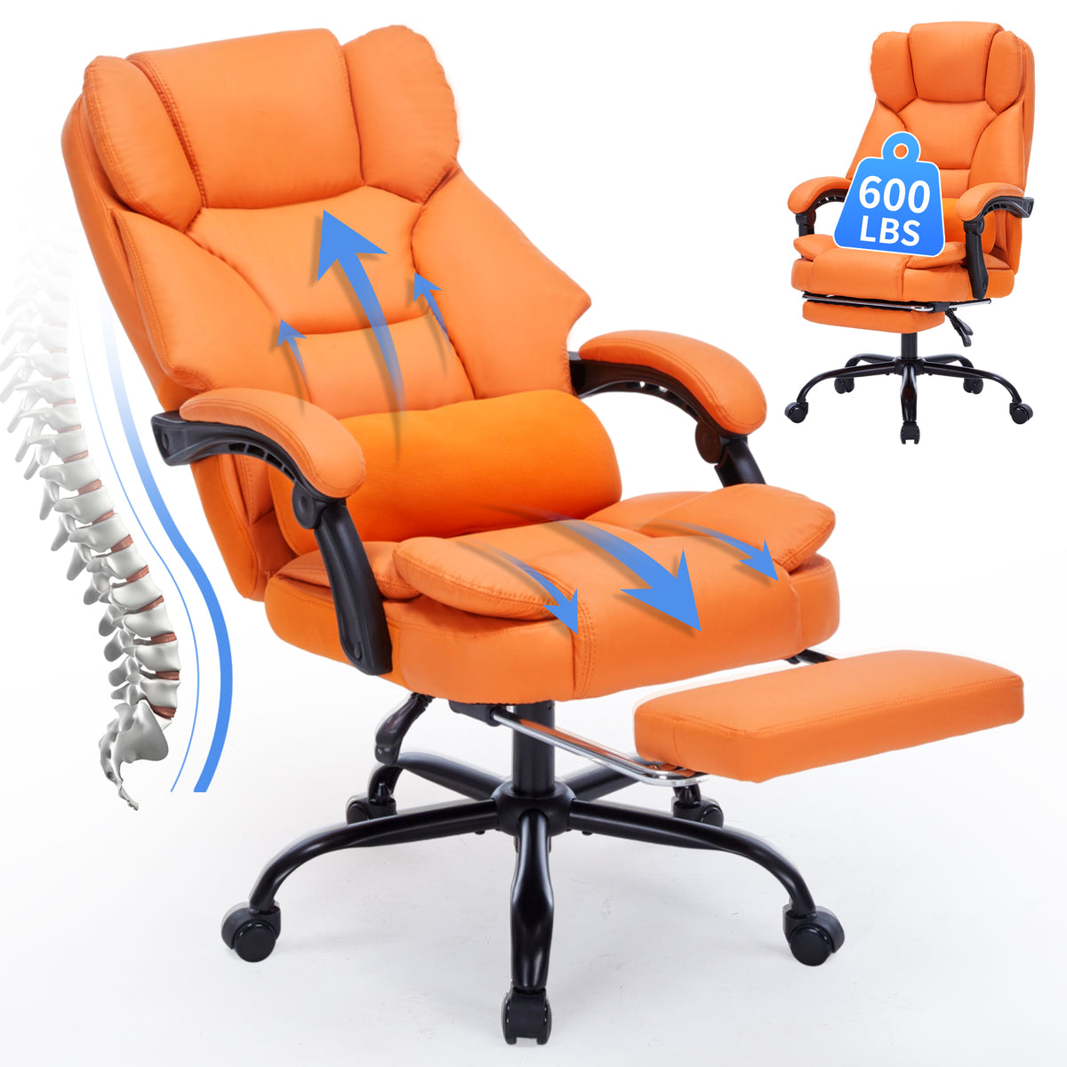 Qusaphy 600lbs Big and Tall PU Leather Executive Office Chair, Reclining Backrest up to 155°, Spring Cushion Seat, Lumbar Support & Adjustable Armrests for Home Office or Conference Room