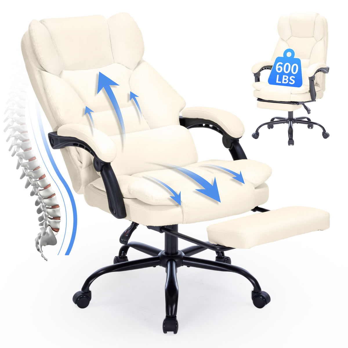 Qusaphy 600lbs Big and Tall PU Leather Executive Office Chair, Reclining Backrest up to 155°, Spring Cushion Seat, Lumbar Support & Adjustable Armrests for Home Office or Conference Room