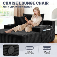 66 Inch Chaise Lounge Chair for Indoor Use, Oversized Corduroy Upholstered Boneless Sofa Bed, Deep Seat Sleeper Couch, No Assembly Required，800lb Support black