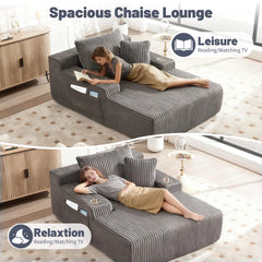 66 Inch Chaise Lounge Chair for Indoor Use, Oversized Corduroy Upholstered Boneless Sofa Bed, Deep Seat Sleeper Couch, No Assembly Required，800lb Support gray