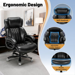 Big and Tall Office Chair, PU Leather Executive Chair, 800 lbs 8-Hour Heavy-Duty Design with Adjustable Lumbar Support, Suitable for Shag Carpets Black