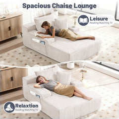 66 Inch Chaise Lounge Chair for Indoor Use, Oversized Corduroy Upholstered Boneless Sofa Bed, Deep Seat Sleeper Couch, No Assembly Required，800lb Support white