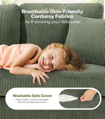 87in Green Sofa, Couches for Living Room 21in Extra Deep Seats, Comfy Corduroy Sofas for Living Room No Tool Assembly, Modern Oversized Love Seat with 2 Pillows, Sofa Couch for Bedroom