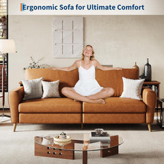 84 Inch Modern Sofa Couch, Large 3-Seater Sofa with Streamlined Armrests, PU Leather Loveseat Wood Feet, Comfy Couch for Living Room, Apartment, Lounge, Brown