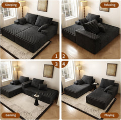 80” Oversized Double Lounge Chaise,Cloud Plush Sofa Bed,Upholstered Boneless Cloud Sofa Deep Seat,No Assembly Required,Modern Corduroy Sleeper Loveseat Chair for Living Room Bedroom Reading,Black