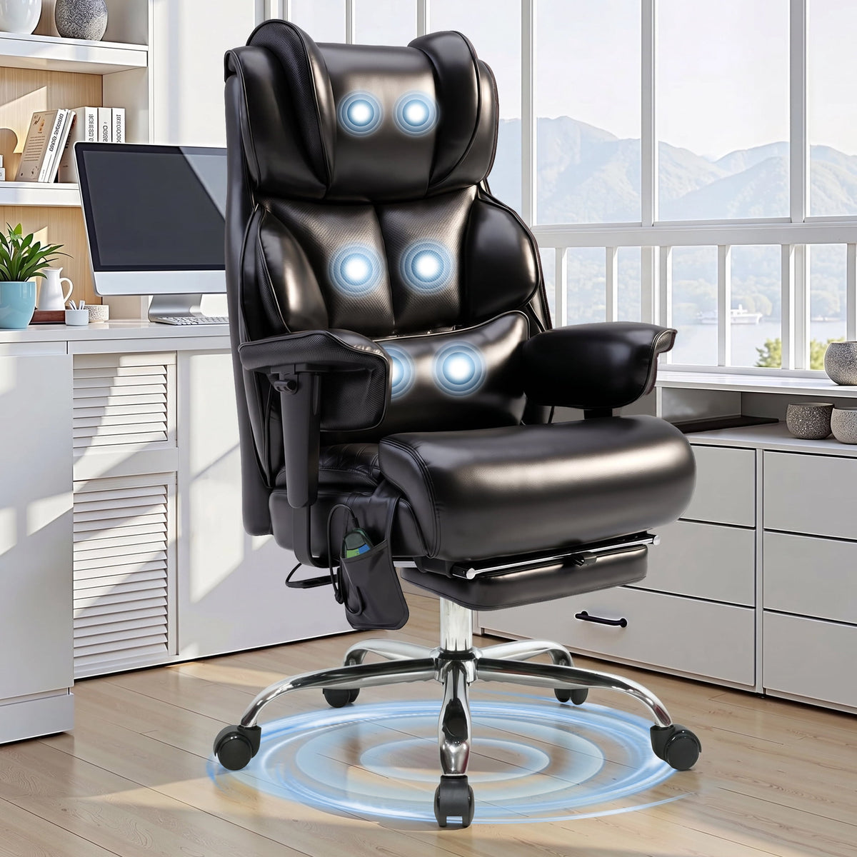 Big & Tall 500LBS Massage Executive Office Chair, Ergonomic Desk Chair with 6-Point Vibration & Footrest, Heavy-Duty Reclining Computer Chair, Breathable Synthetic Leather, Easy Assembly