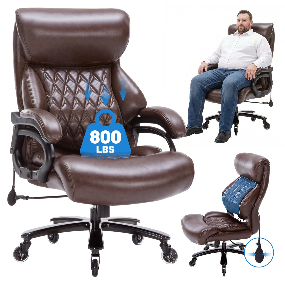 Qusaphy 600lbs Big and Tall PU Leather Executive Office Chair, Reclining Backrest up to 110°, Spring Cushion Seat, Lumbar Support & Adjustable Armrests for Home Office or Conference Room brown