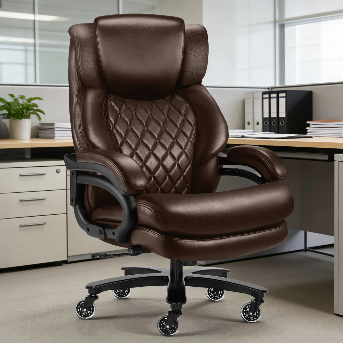 Qusaphy 800LBS Big and Tall Office Chair, PU Leather Executive Chair with Adjustable Headrest and Lumbar Support, Heavy Duty Chair for Home or Office Brown