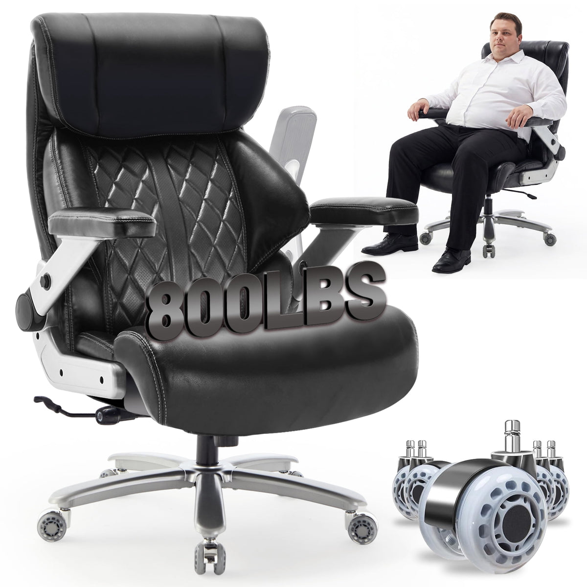 Qusaphy Big & Tall Office Chair 800LBS Heavy Duty - Ergonomic PU Leather Chair with 5D Armrests, 90°-120° Recline, Silent Wheels