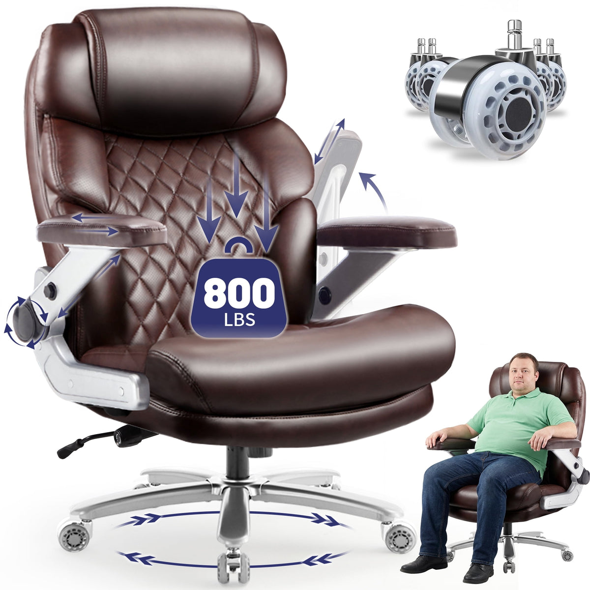 QUSAPHY  Big & Tall Office Chair 800LBS Heavy Duty - Ergonomic PU Leather Chair with 5D Armrests, 90°-120° Recline, Silent Wheels
