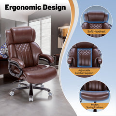 Big and Tall Office Chair, PU Leather Executive Chair, 800 lbs 8-Hour Heavy-Duty Design with Adjustable Lumbar Support, Suitable for Shag Carpets Brown