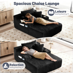 66 Inch Chaise Lounge Chair for Indoor Use, Oversized Corduroy Upholstered Boneless Sofa Bed, Deep Seat Sleeper Couch, No Assembly Required，800lb Support black