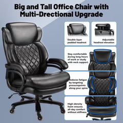 Qusaphy 800LBS Big and Tall Office Chair, PU Leather Executive Chair with Adjustable Headrest and Lumbar Support, Heavy Duty Chair for Home or Office Black